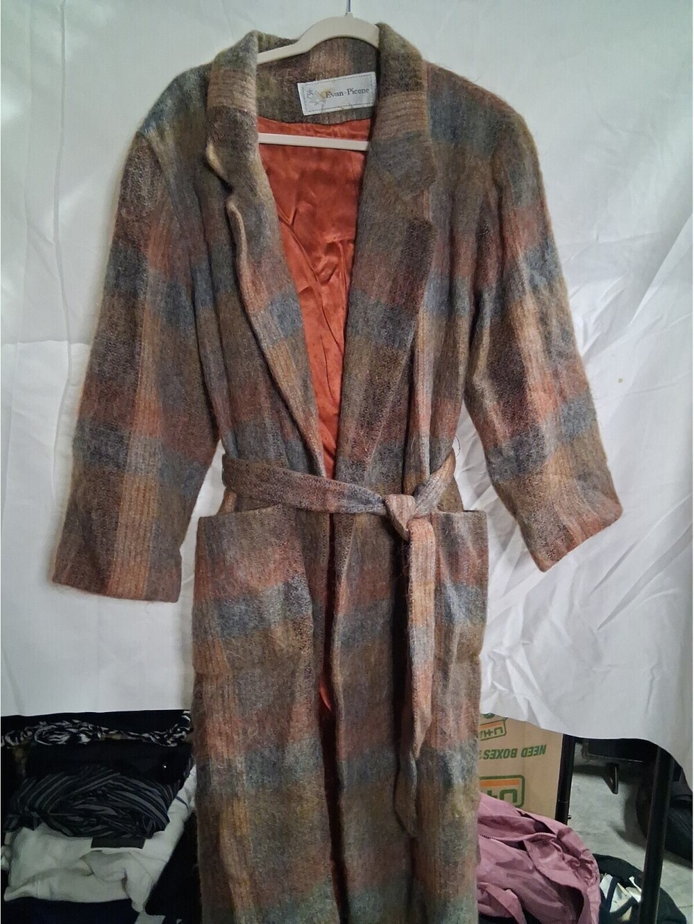 Evan Picone Trench Overcoat Coat Mohair Wool Blend Fuzzy Orange Brown VTG OS